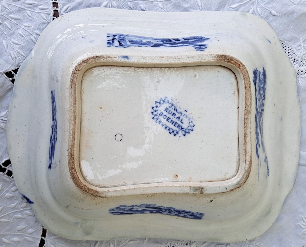 Victorian blue and white earthenware covered vegetable tureen featuring a printed rural landscape pattern. View X