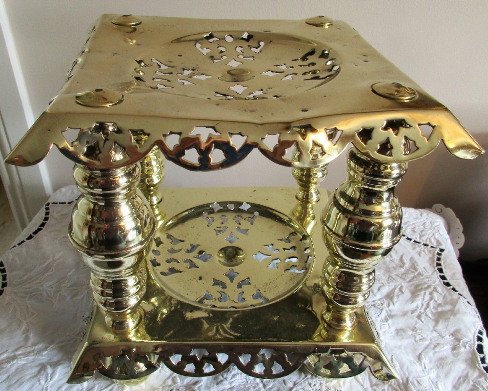 Antique English Victorian Brass Two Tier Trivet / Kettle Stand