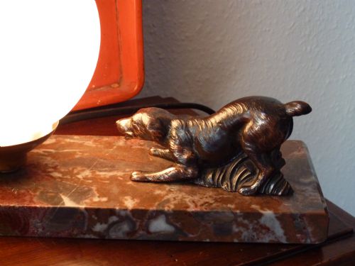 Art Deco Consol or Mantel Lamp Bronze Spaniel on Marble