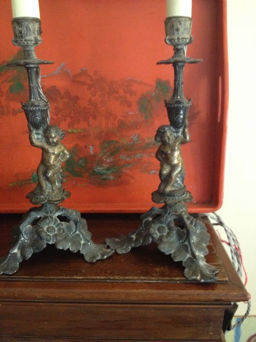 Pair Mid 19th Century Cherub Consol or Mantel Lamps in Bronze