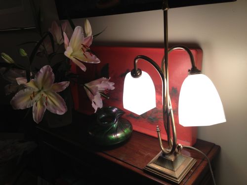 Victorian Twin Desk Lamp Bronze and Opaline