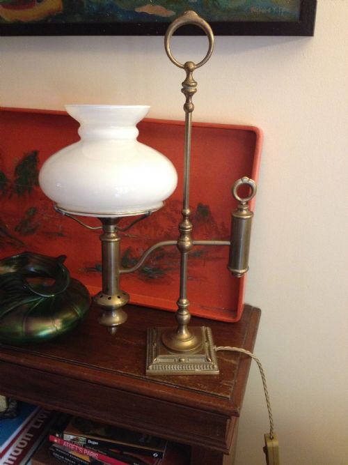1850 Student Lamp Converted. Brass and Opaline