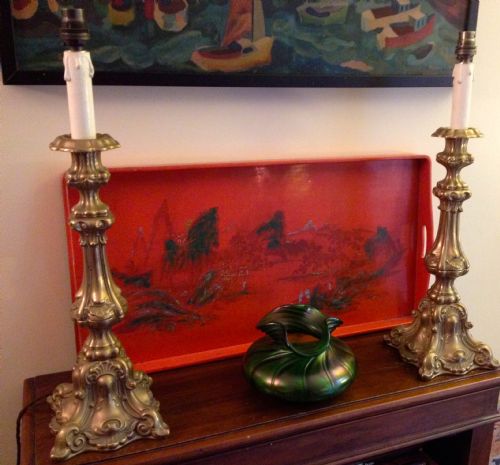 Pair Tall 1850 Pricket Table Lamps French