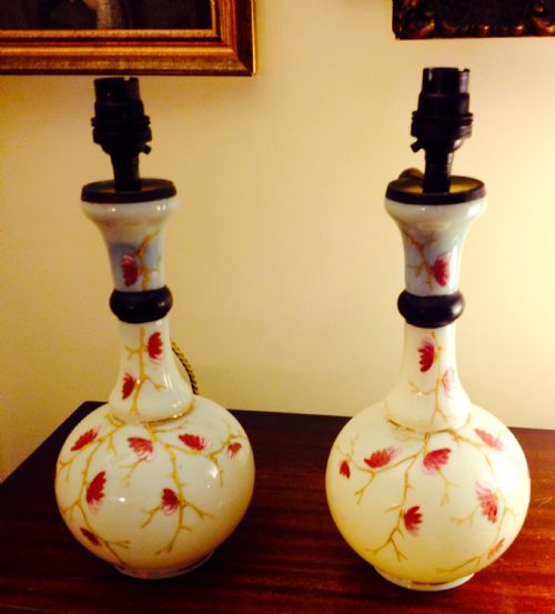 Pair Edwardian Opaline Table Lamps Hand Painted and Enamelled