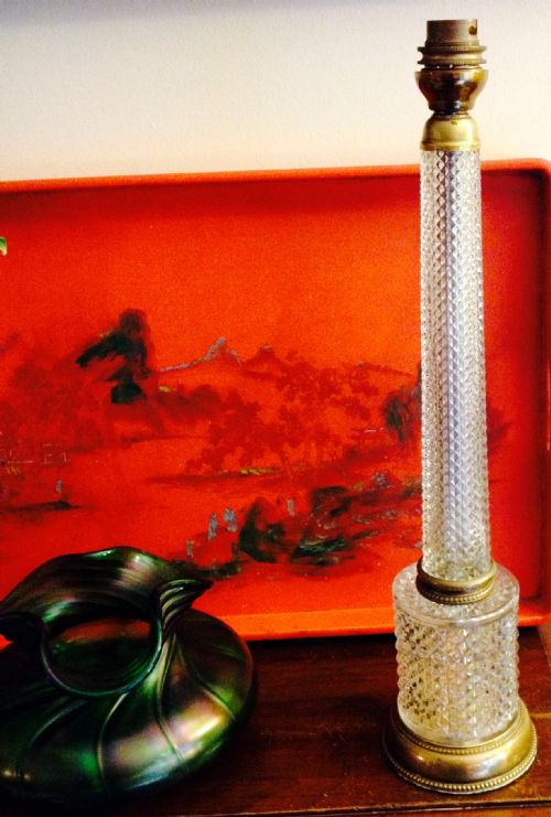 Tall Napoleon III Obelisk Table Lamp Crystal and Bronze