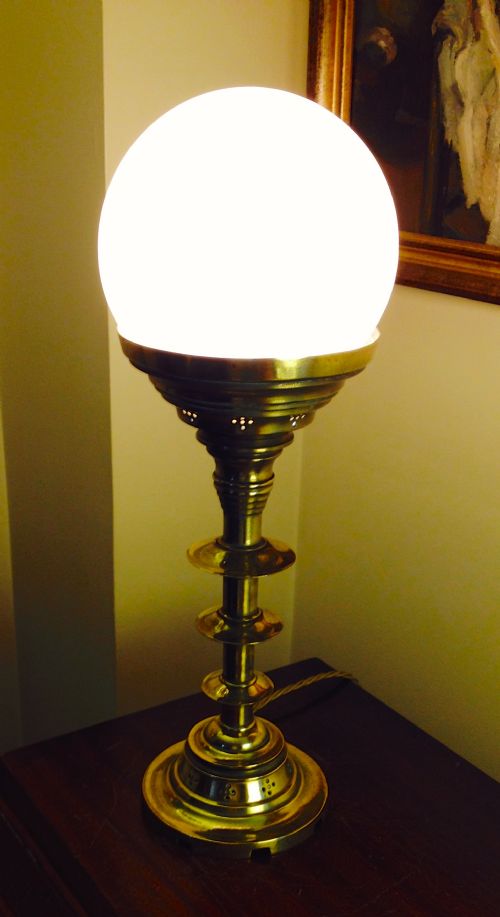 Arts & Crafts Candlestick Table Lamp Brass and Opaline