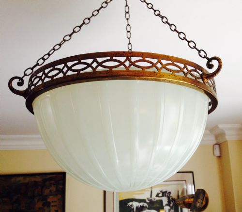 Stylish Art Deco Dome Ceiling Lamp Opaline and Bronze