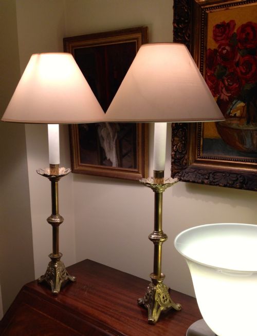 Pair French 1800 Tall Pricket Table Lamps Brass