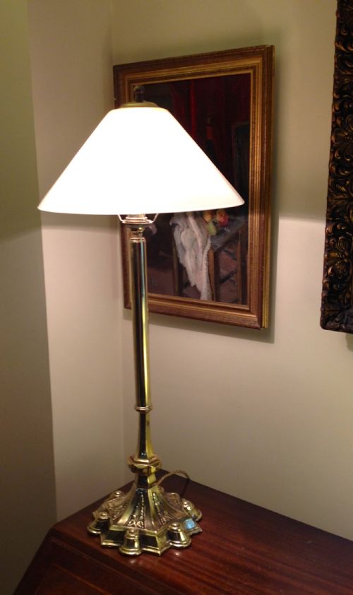 Tall Handsome Edwardian Table Desk Lamp Brass and Opaline
