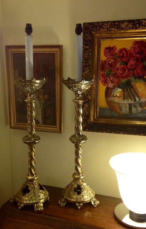 Pair 1800'S Tall  Brass Pricket Table Lamps Brass