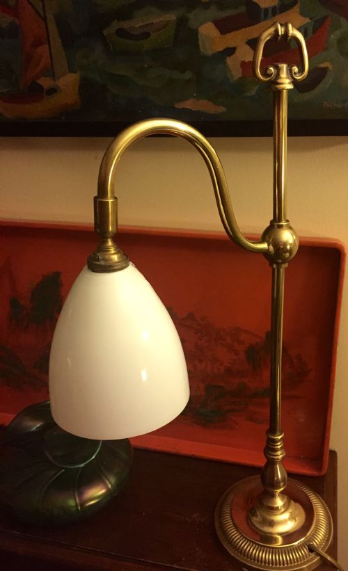 Edwardian  Library Desk Lamp Bronze and Opaline