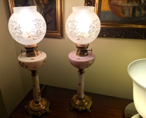 Near Pair Napoleon III Opaline Enamelled Oil Lamps Converted