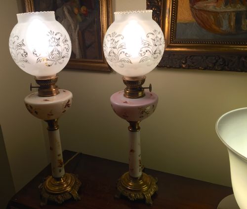 fig 1. Near Pair Napoleon III Opaline Enamelled Oil Lamps Converted