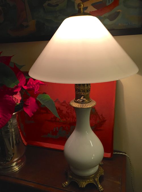 Mid 19th Century French Oil Lamp Converted Porcelain and Bronze