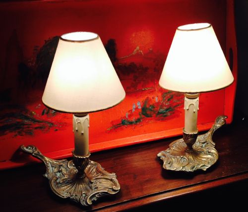 Pair French Art Nouveau Chamber Bedside Lamps Bronze