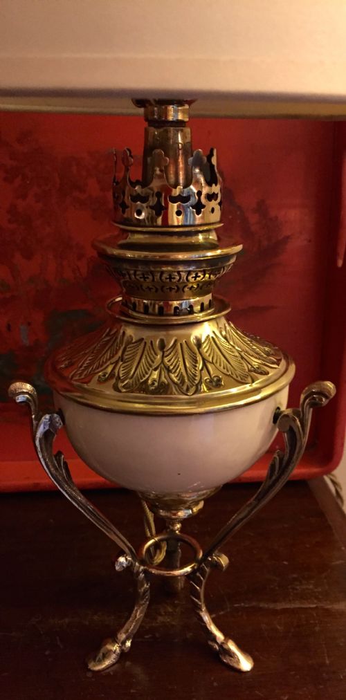 Napoleon III Tripod Converted Oil Lamp Bronze and Porcelain De Paris