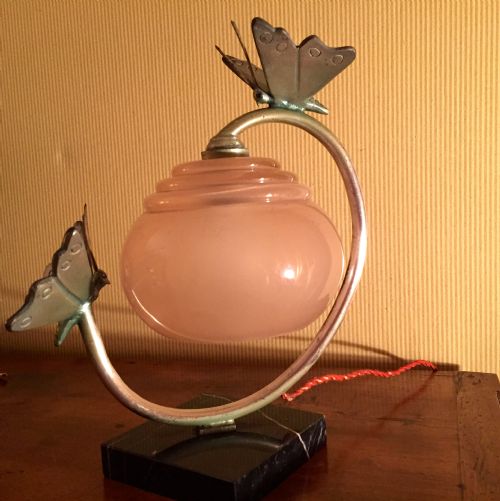 Art Deco Dragonfly Desk Lamp Chrome Marble and Opaline