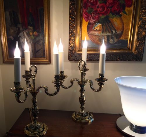 Pair Napoleon III Converted Table Chandeliers Bronze