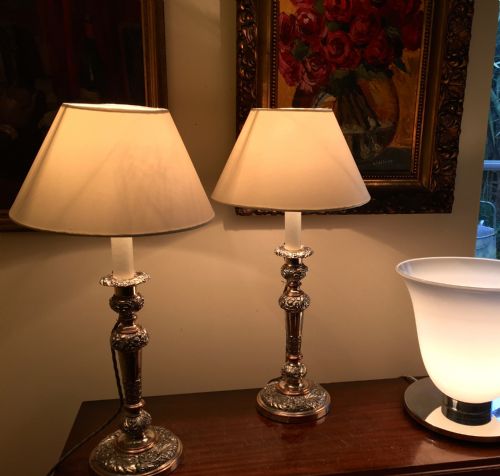 Fine Pair Victorian Table Lamps Silver on Copper