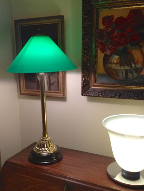 Impressive Tall Edwardian Table Lamp Brass and Green Opaline