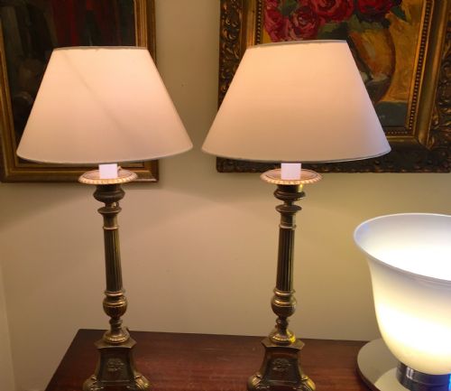 1850 Pair Prickets Table Lamps Bronze