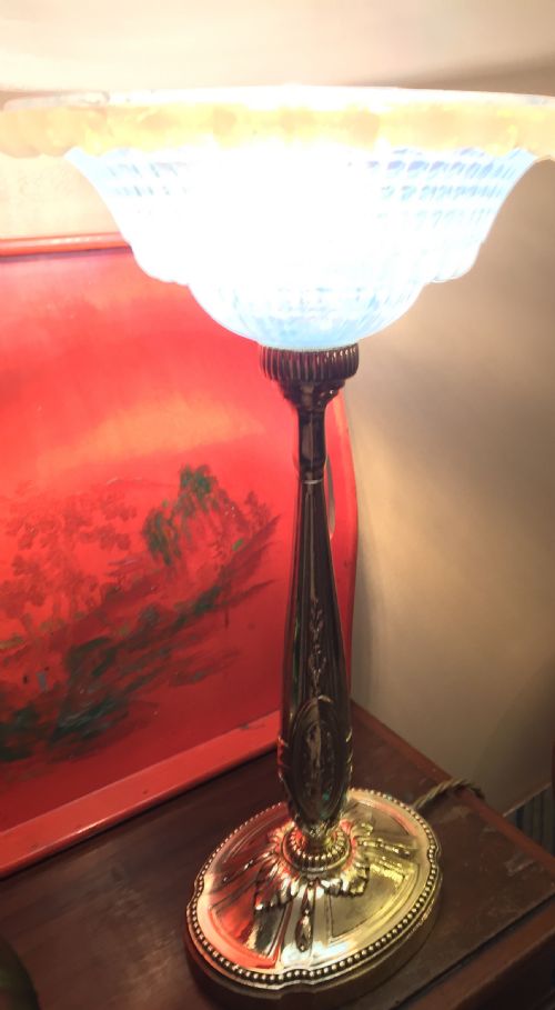 Wonderful Art Deco Table Lamp Bronze and Ezan Shade