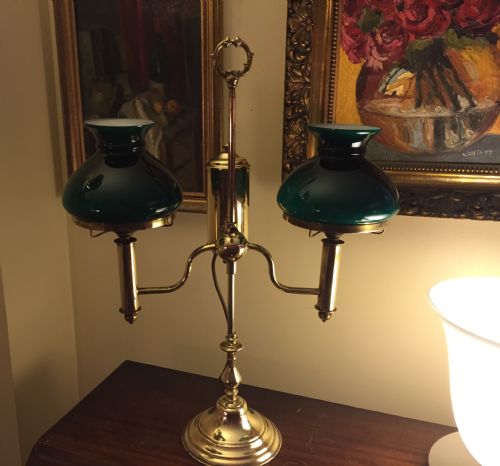 Fine Quality  Library Lamp Brass and Green Opaline