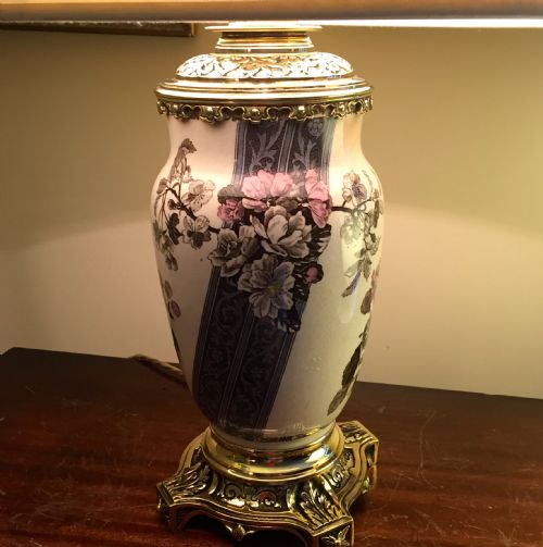 Napoleon III Converted Oil Lamp Hand Painted Ceramic and Bronze