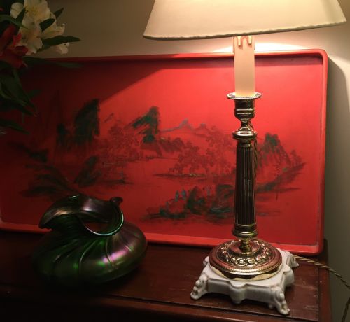 ELEGANT 1920 COLUMN TABLE LAMP BRASS ON PORCELAIN DE PARIS - ADDITIONAL PHOTO 4