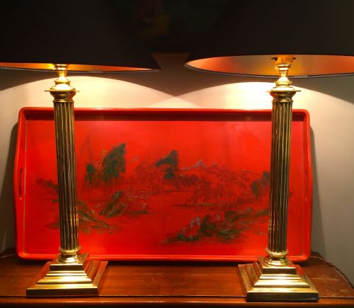 Classic Pair Tall Columns Sofa Lamps Solid Brass