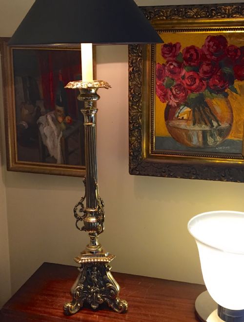 Tall Imposing 1750 Pricket Table Lamp Bronze