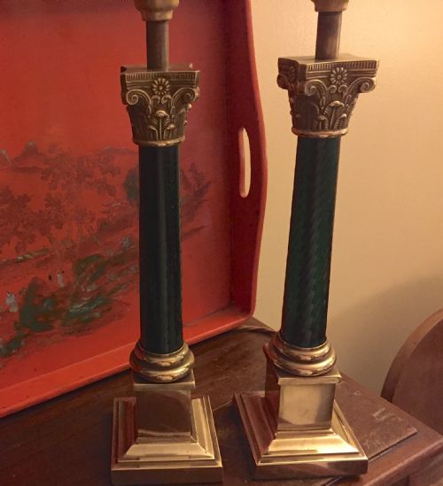 Wonderful Pair Green Glass & Bronze Obelisks Table Lamps