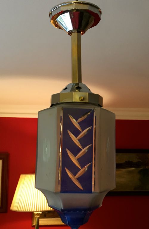 Art Deco Hall Lantern Etched Enamel Blue and Clear Frosted Glass and Chrome