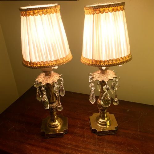 1920 Pair Brass and Crystal Boudoir Dressing Table Lamps