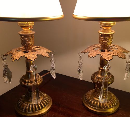 Pair Regency Style Dressing Table Lamps Gilt Bronze and Crystal