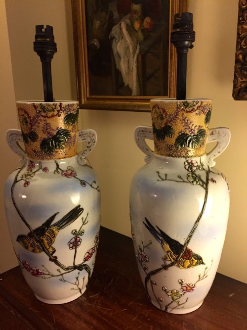 Imposing Pair Large  Oriental Enamelled Urn Table Lamps