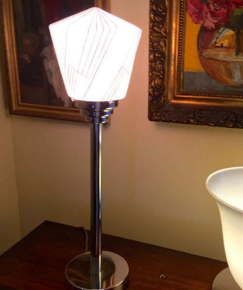 Tall Handome Art Deco Desk Lamp Chrome and Opaline