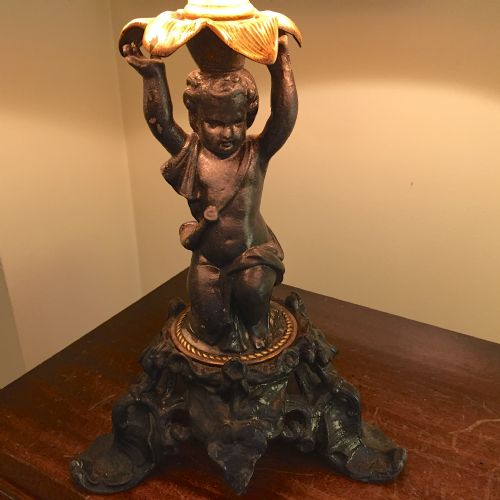 Wonderful Black Cherub Cast Metal and Brass Table Lamp