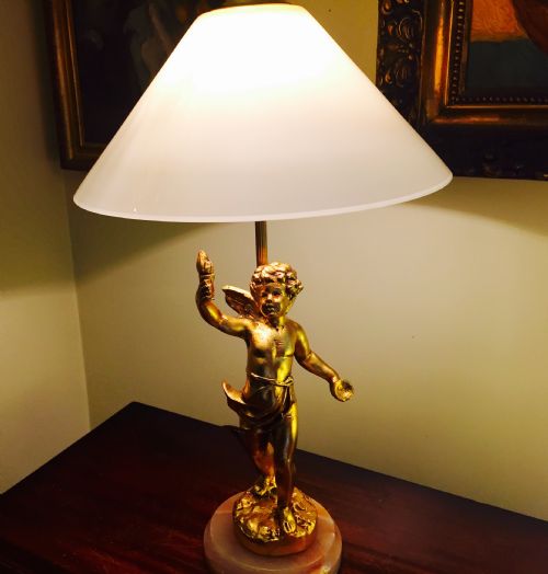 1920 Cherub Table Lamp Gilt Bronze on Onyx
