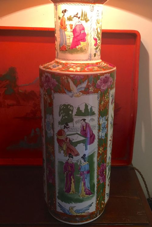 Large Oriental Table Lamp Famille Rose Faience