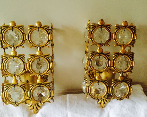 Wonderful Pair 1920 Wall Lights Brass and Crystal