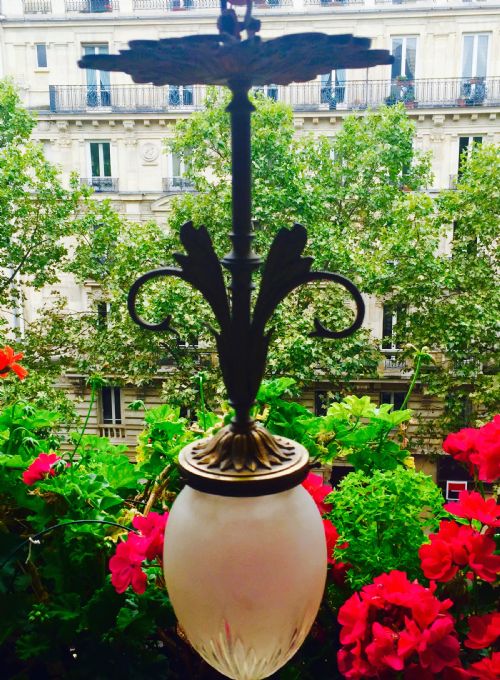 Handsome Art Nouveau Ceiling Suspension Bronze and Frosted Gass