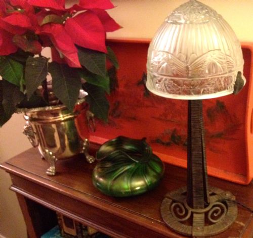 Classic Art Deco Table Lamp Wrought Iron and Frosted Glass Dome