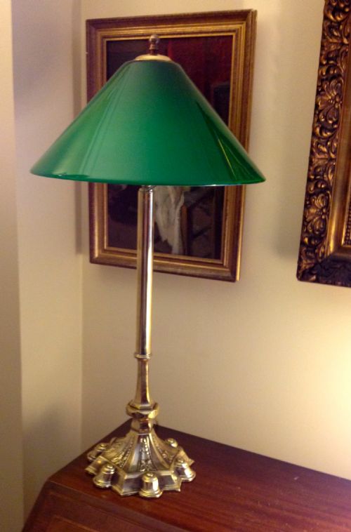 Impressive Tall  Edwardian Desk Lamp Brass and Green Opaline Coolie