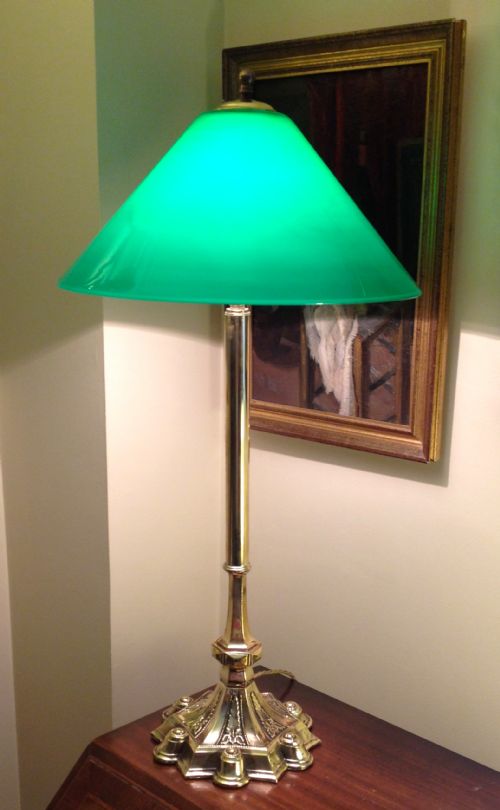 fig 1. Impressive Tall Edwardian Desk Lamp Brass and Green Opaline Coolie