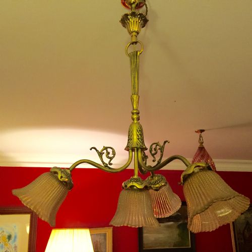 1920 Italian Chandelier Brass and Murano Shades