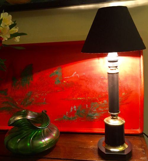 Empire Style Column Desk Lamp Black Tolware Brass and Marble Base