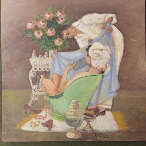 1928 Painting  La Dame Au Bouquet