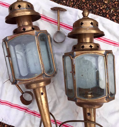 Traditional Pair French Coach Lanterns Brass and Etched Glass