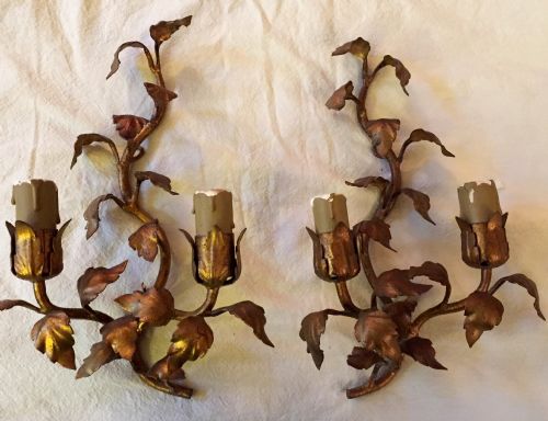 Decorative Pair 1920 Patinated Gilt Wall Lights